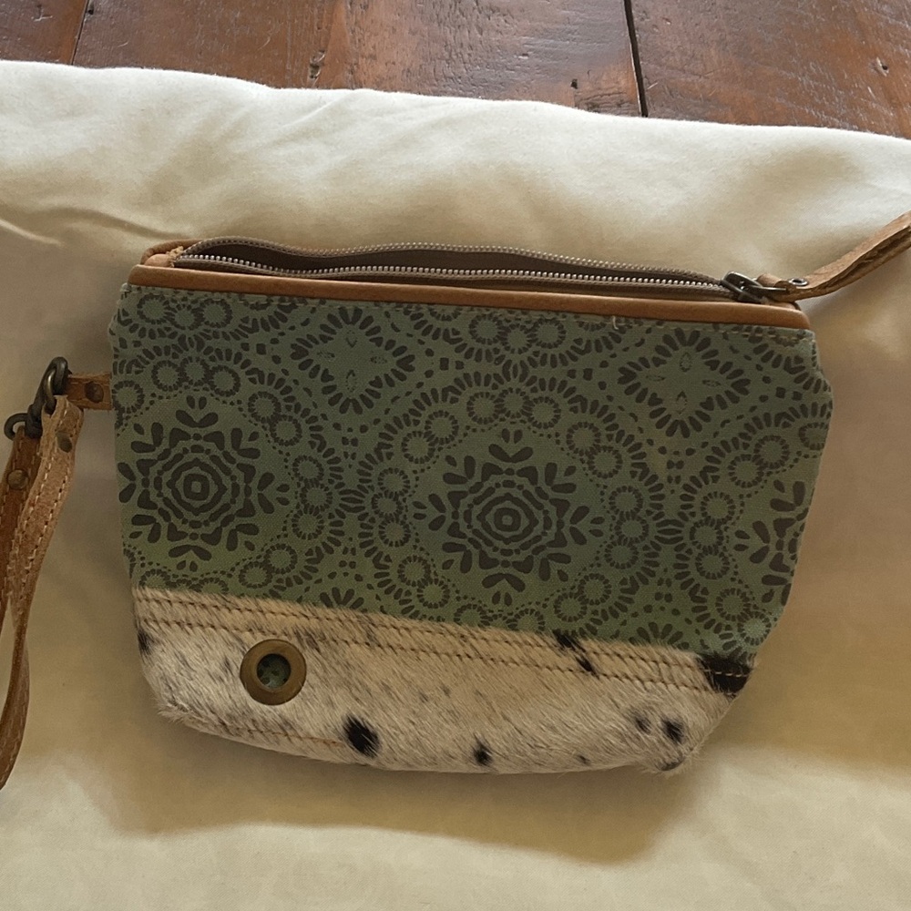 Myra Bag Green Patterned Canvas & Cowhide Wristlet